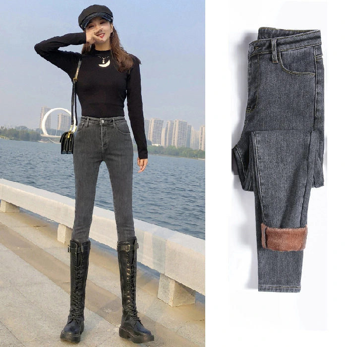 Fleece Jeans Women'S High Waist  Outer Wear With Fleece Thickening Heat And Thin Tight Feet Pants