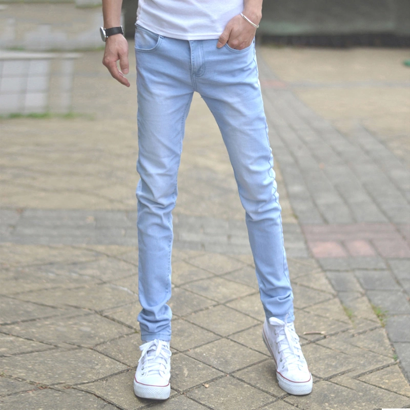 Light-Colored Jeans Men'S Small Feet Slim-Fit Pencil Casual Stretch Light Blue Trousers