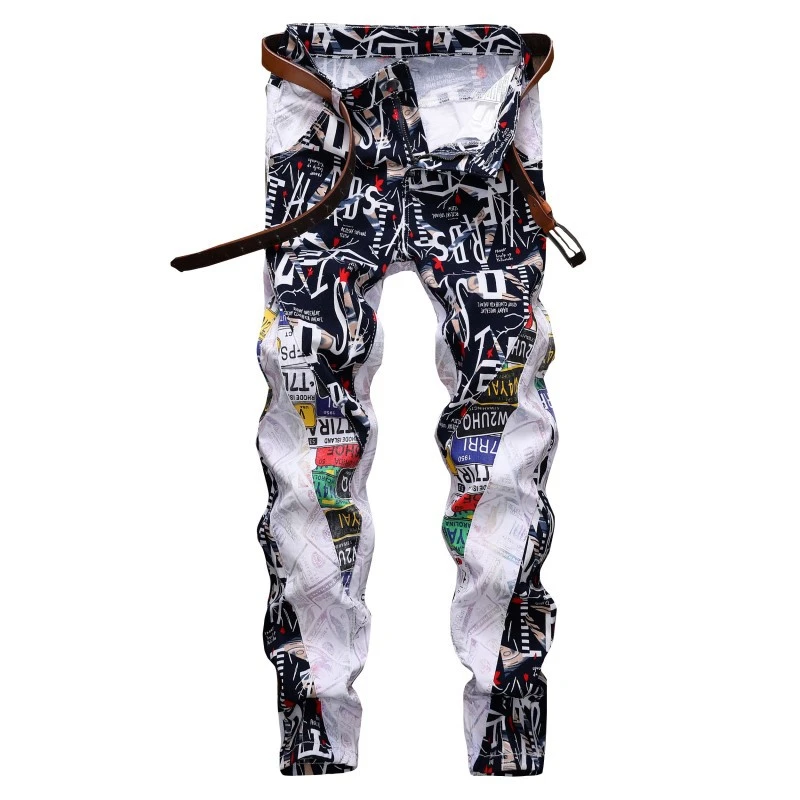 Men's Letters Printed Patchwork White Jeans 