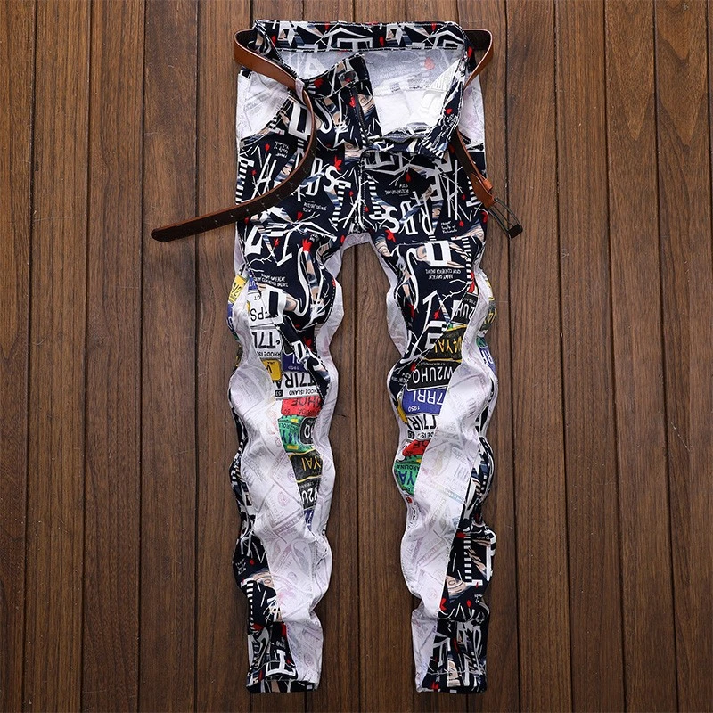 Men's Letters Printed Patchwork White Jeans 