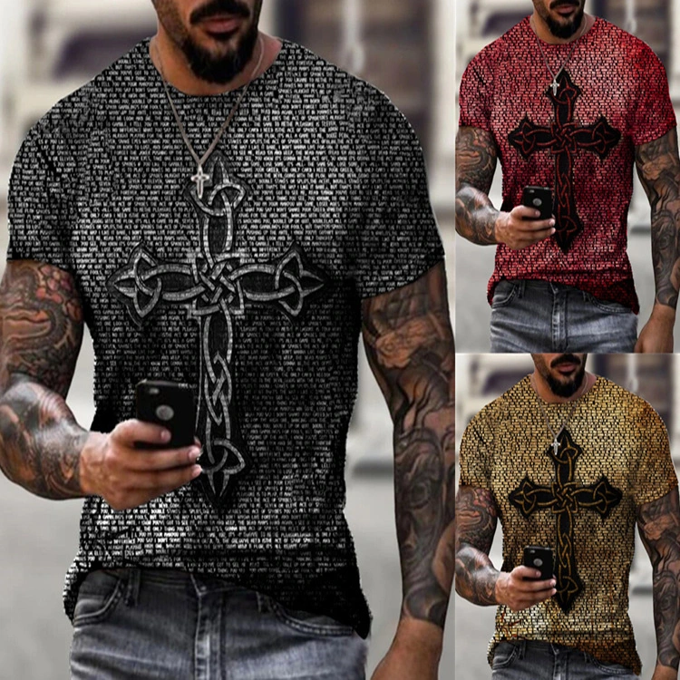 Casual Fashion Round Neck Retro Cross Print T-shirt