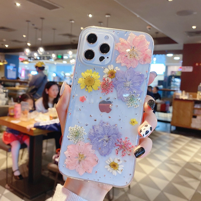 Luxury Real Dried Flower Transparent Phone Case With Soft Silicone Back Cover