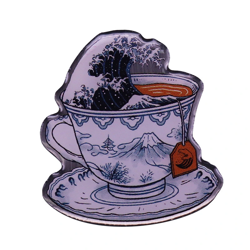 Kanagawa Surfing Teacup Brooch Japanese Artist Katsushika Hokusai Painting Inspiration Badge