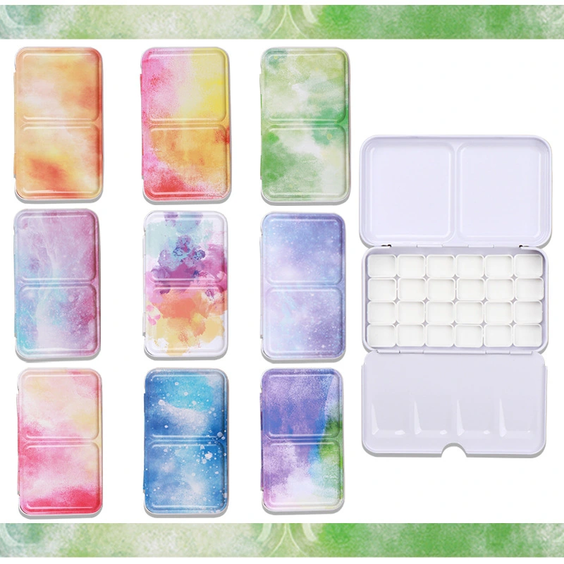 Color Empty Palette Case Tins Box Paint Storage Iron Box with 24 Half Pans For Watercolor Paints Painting Art Supplies