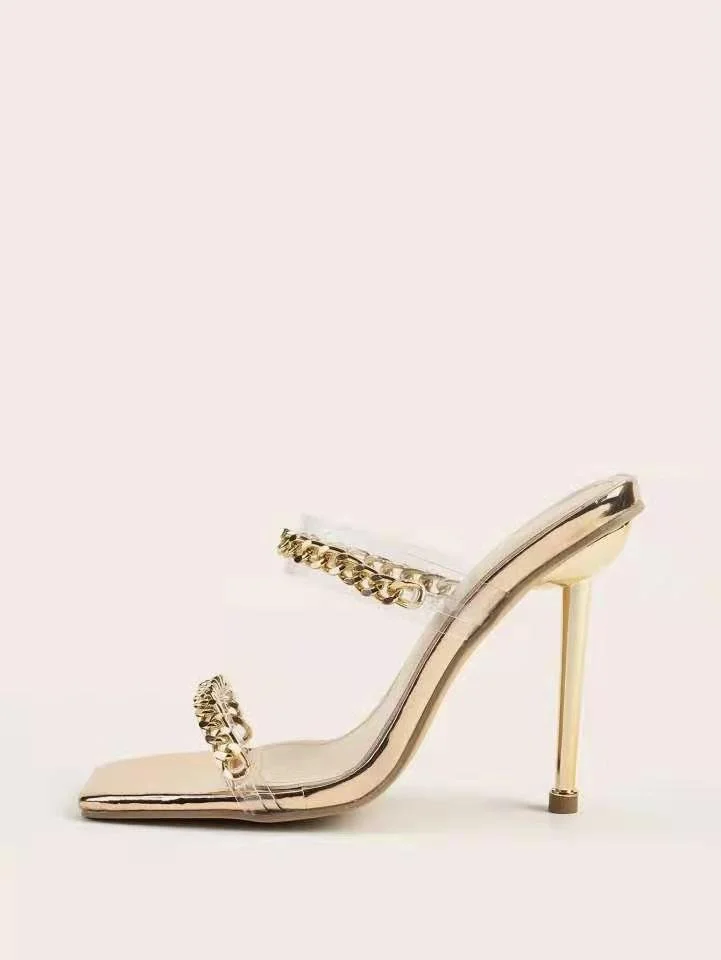 Metal Chain Square Toe Stiletto Heel Sandals