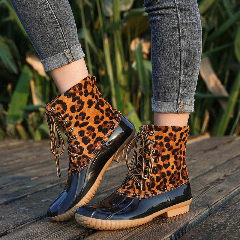 Chunky Heel Leopard Print Low-heel Fashion Color Matching Martin Boots