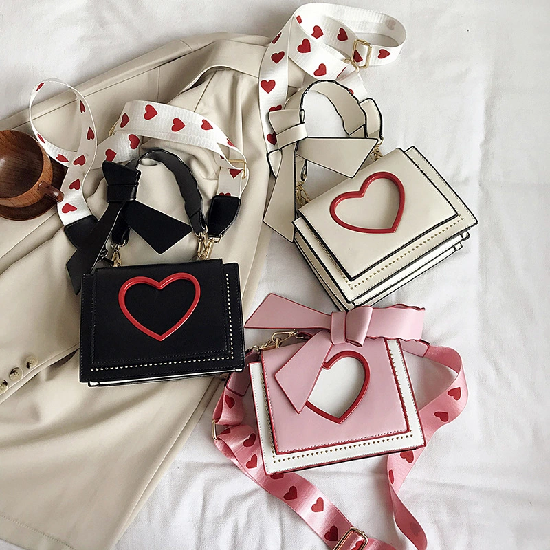 Diagonal Shoulder Bag Western Style Small Square Bag Cute Peach Heart Bow Girl Bag Portable Cosmetic Bag