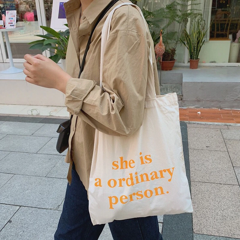 Niche Design Cute Letter Printing Pattern Thin Cotton Grey Cloth Bag Shoulder Bag Canvas Bag Shopping Bag