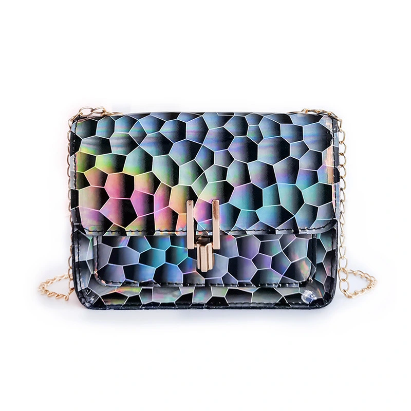 Geometric Symphony Laser Iridescent Lock One Shoulder Crossbody Bag