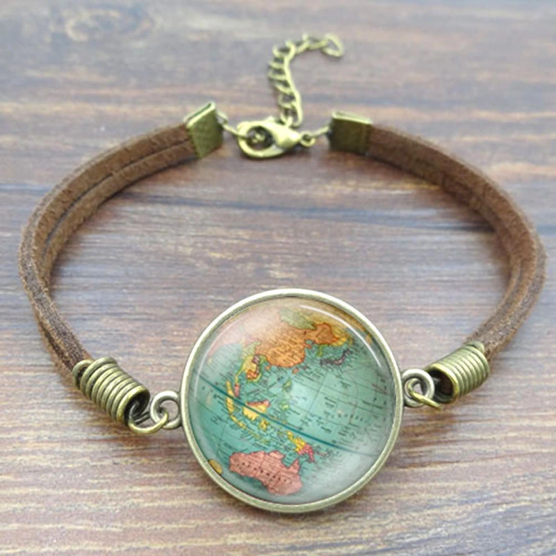 World Map Time Gem Braided Bracelet