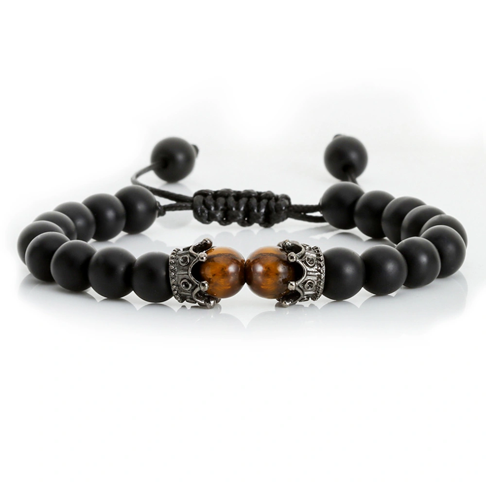 Black Lava Stone Crown Charm Tiger Eye Beads Bracelet