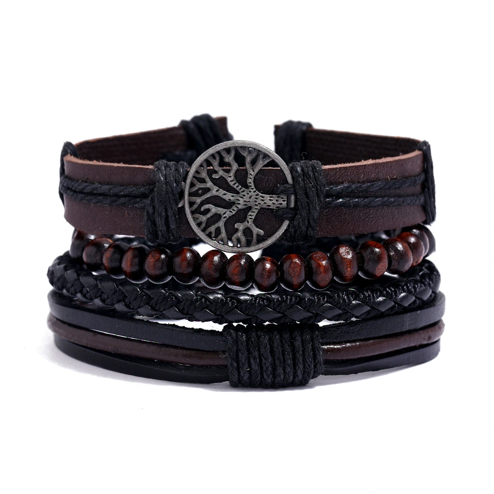 Multi-layer Three-piece Hand-woven Retro Style Bracelet Peace Tree Life Tree Leather Bracelet