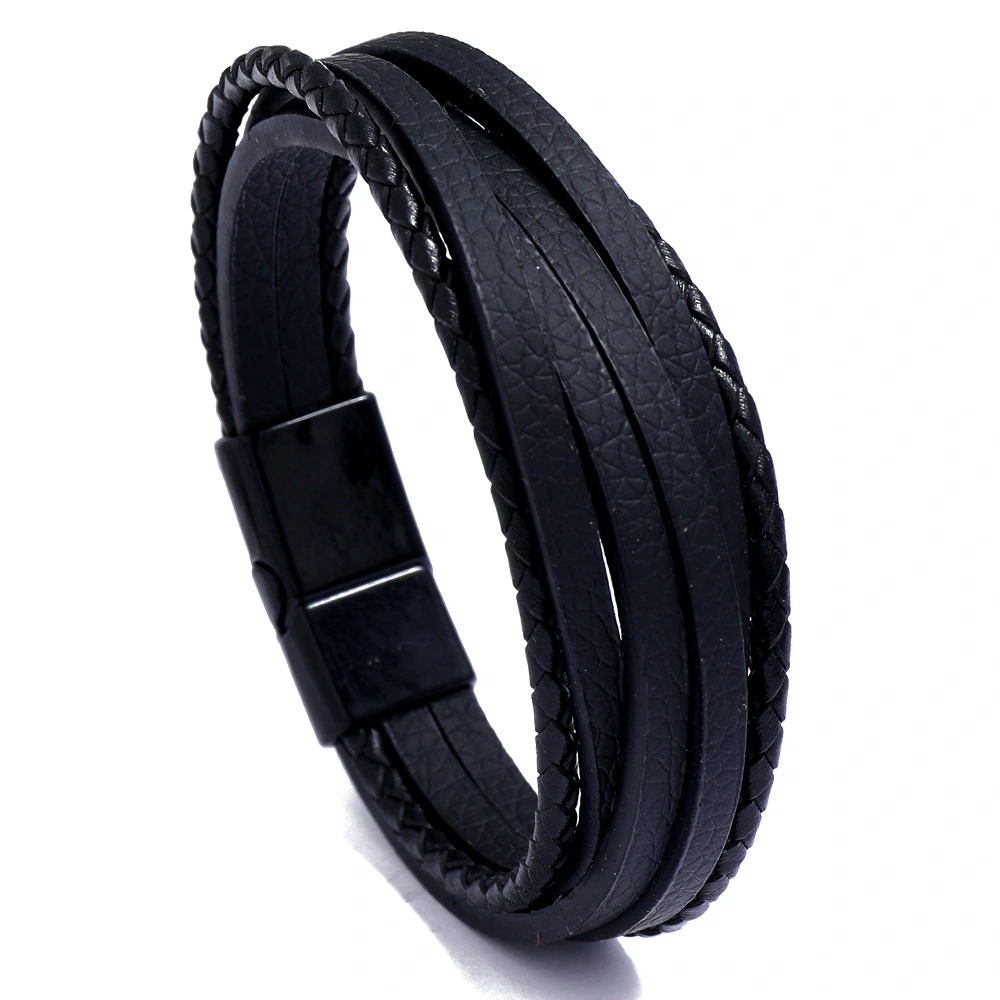 Accessories Multilayer Simple Weave Men's Leather Bracelet Magnet Buckle Imitation Cowhide Bracelet