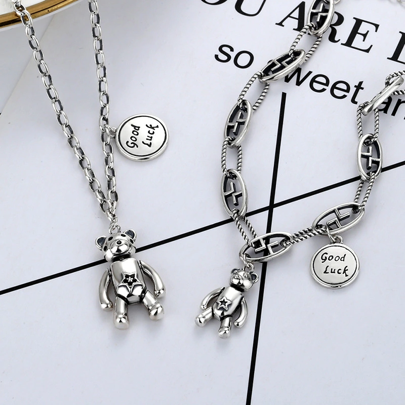 Fashion Cartoon LUCK Bear Thai Silver Bracelet Necklace