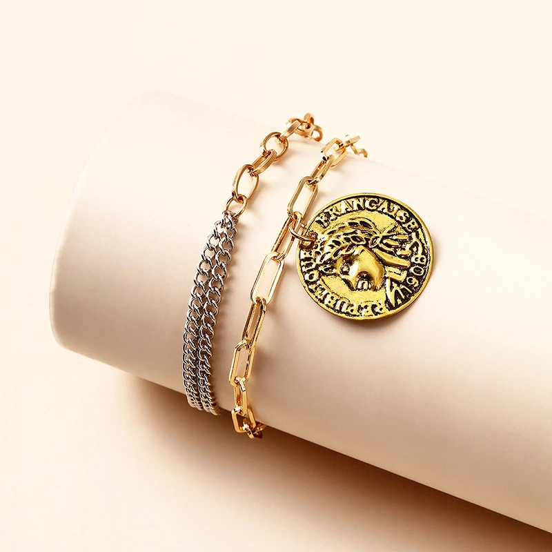 Vintage French Coin Bracelet Hip Hop Alloy Bracelet