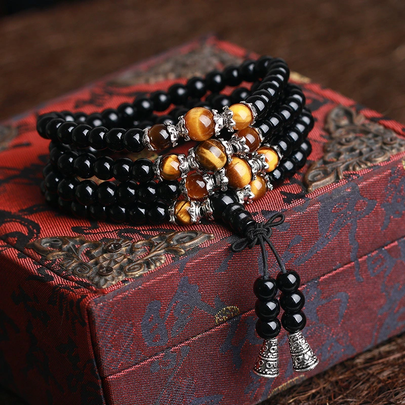 Black Agate Bracelet Men And Women Multi-Circle Fashion 108 Beads Bracelet With Tiger's Eye Red Agate