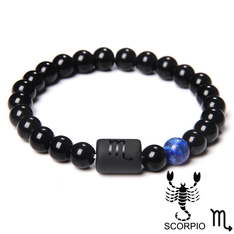 12 Constellation Bracelet 8mm Black Agate Glossy Bead Stone Constellation Bracelet