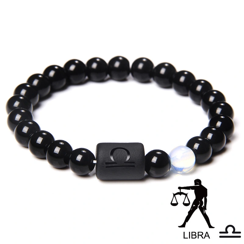 12 Constellation Bracelet 8mm Black Agate Glossy Bead Stone Constellation Bracelet