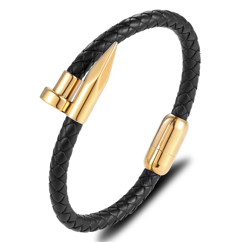 Stainless Steel Hand-woven Bracelet Male Black Leather Bracelet Retro Magnetic Buckle Nail Leather Cord Bracelet