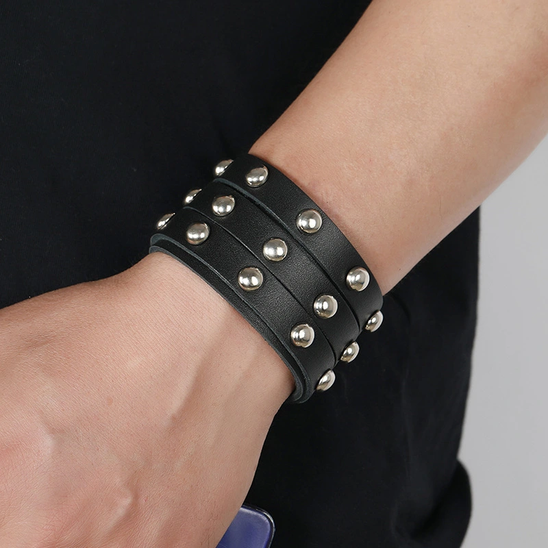 Cowhide Bracelet Three Rows Of Rivets Men's Wide Leather Bracelet