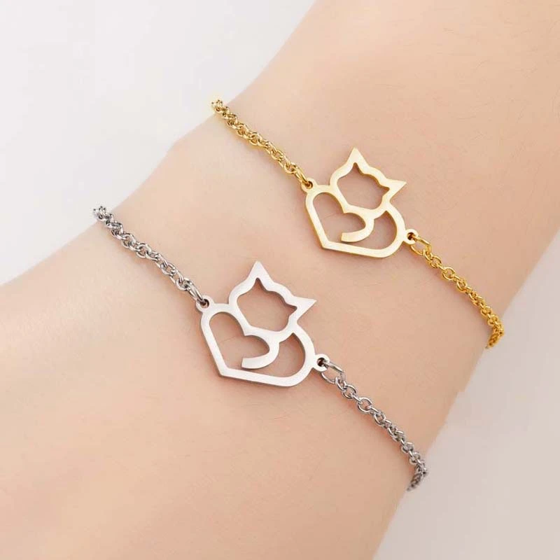 Stainless Steel Cute Long Tail Love Cat Bracelet Female Animal Pet Couple Bracelet