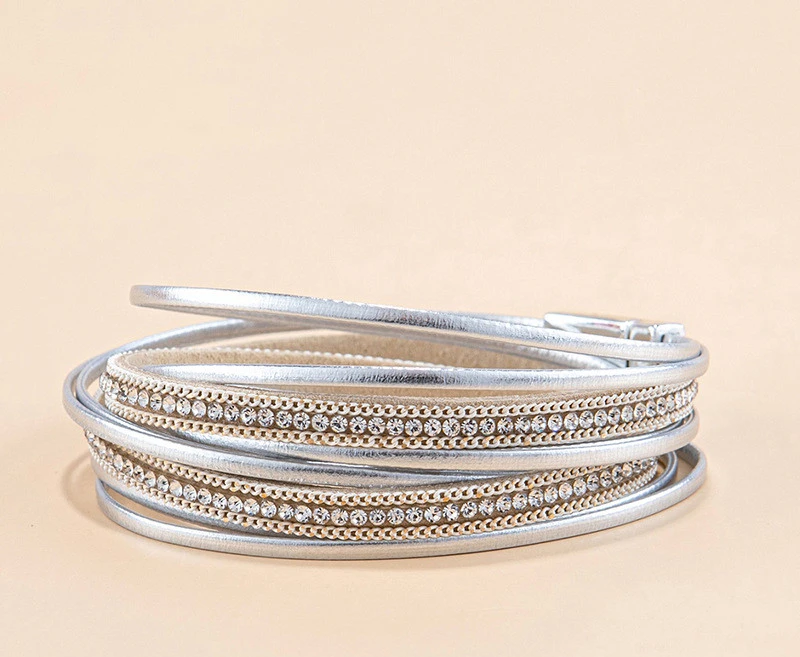 Multi-layer Silver Bracelet With Magnetic Clasp Simple PU Leather Two-ring Bracelet