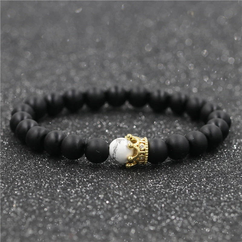 Jewelry White Turquoise Black Frosted Stone Crown Set Couple Bracelet