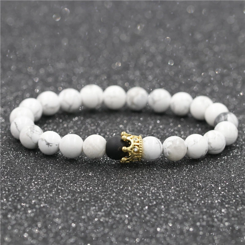 Jewelry White Turquoise Black Frosted Stone Crown Set Couple Bracelet