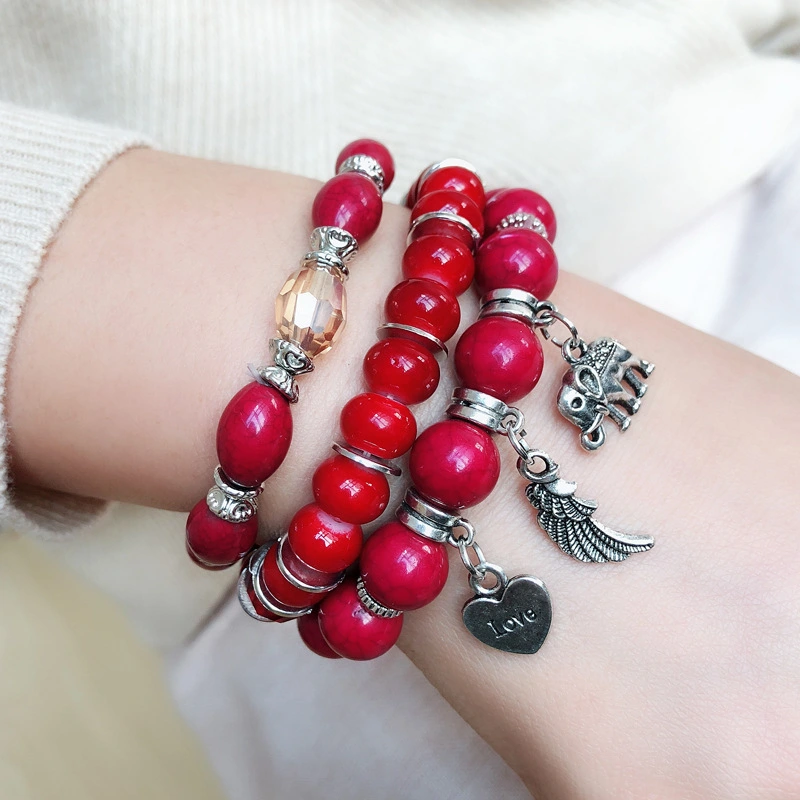 Marble Pattern Bracelet Beaded Elephant Wings Love Pendant Multilayer Combination Bracelet