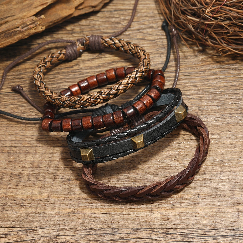 New European And American Fashion Bracelet Retro Braided Leather Rope Set