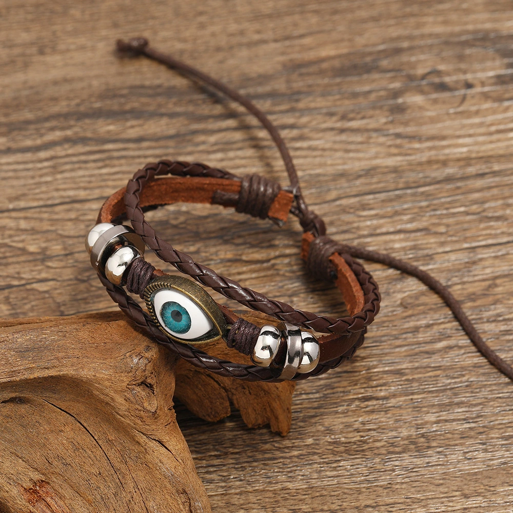 Vintage Alloy Eyes Cowhide Bracelet PU Braided Beaded Bracelet