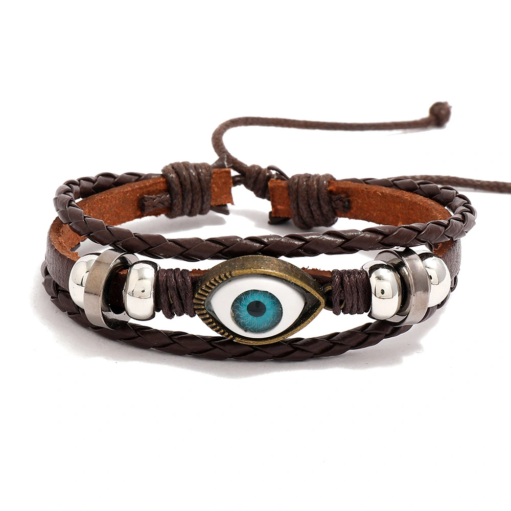 Vintage Alloy Eyes Cowhide Bracelet PU Braided Beaded Bracelet