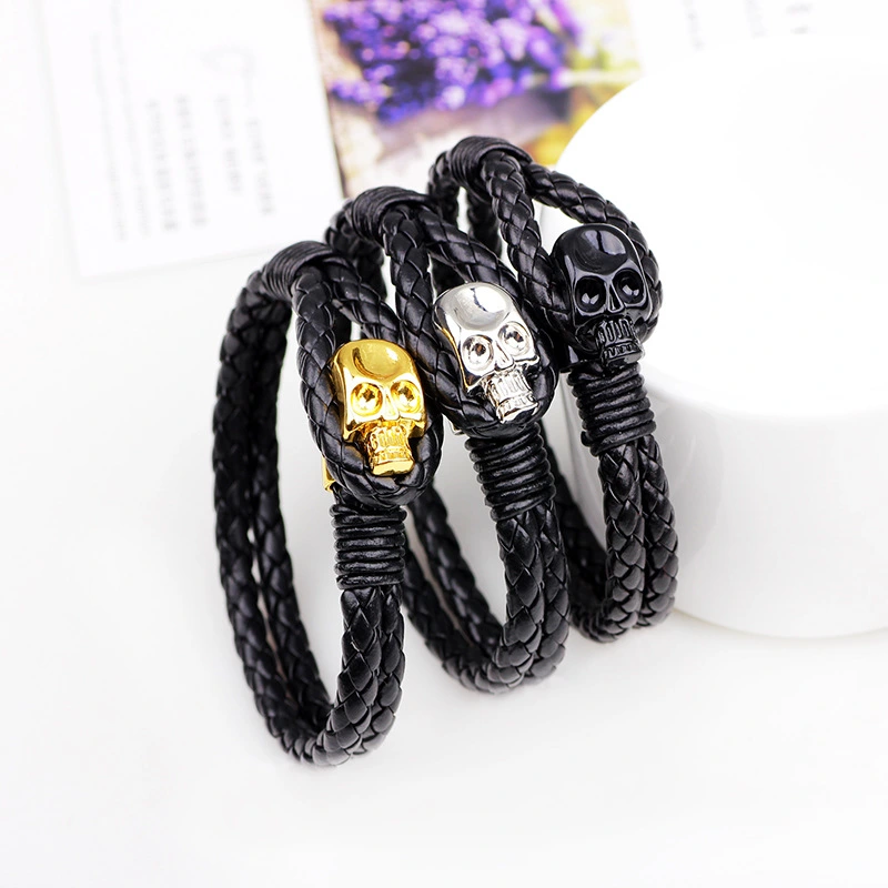 Fashionable Men's Leather Woven Skull Bracelet