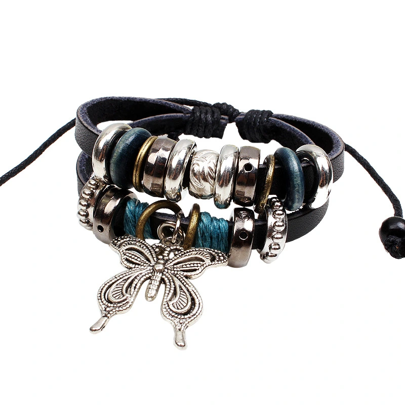 Fashion Butterfly Beaded Leather Bracelet