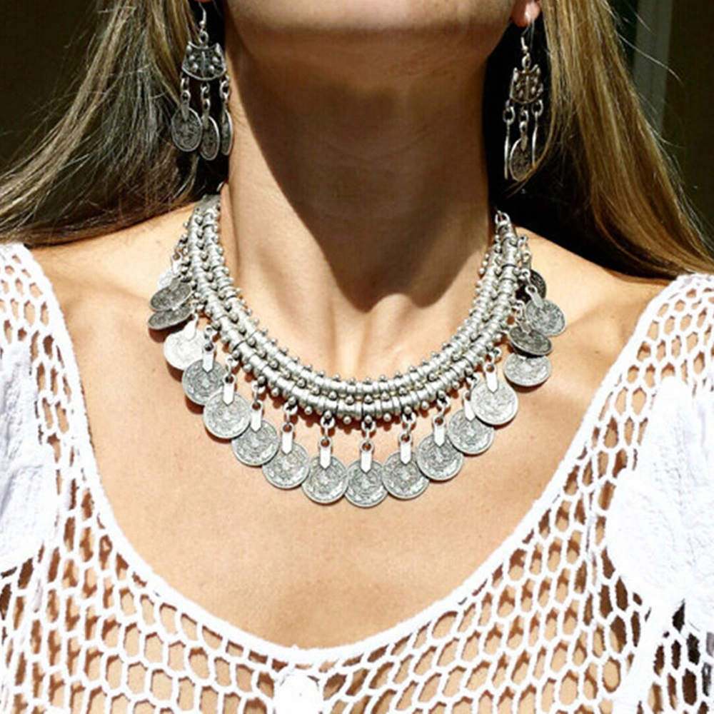 Vintage Alloy Carved Necklace, Ancient Coin Clavicle Chain