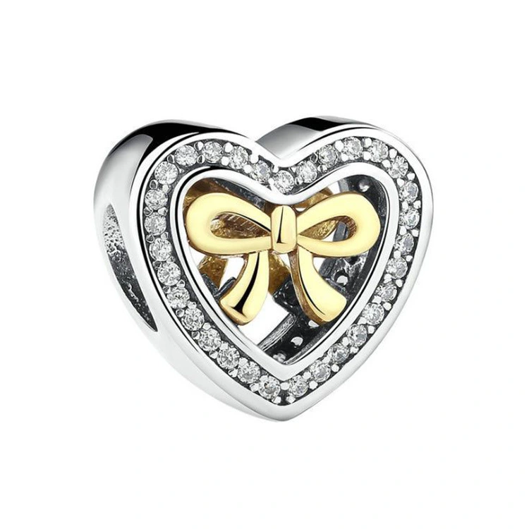 European And American Sterling Silver Beads S925 Silver Golden Bow Cute Heart-shaped String Jewelry Beaded Gift Women