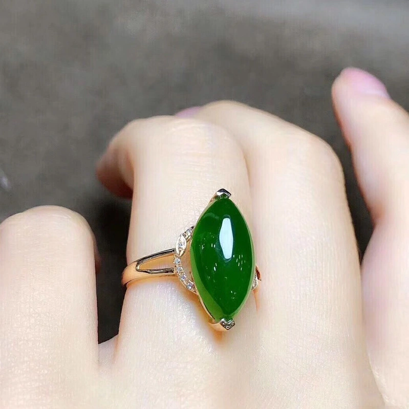 Olive Shape Simulation Hetian Jasper Green Chalcedony Temperament Opening Ring