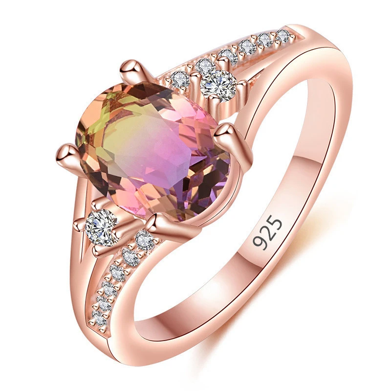 Gold Plated Crystal Ring Square Diamond Simple Ring Rose Gold Opal Ring