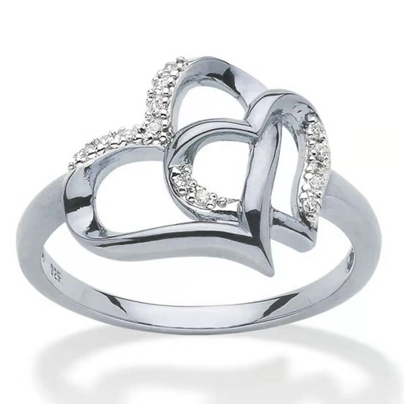 Fashion Simple Double Heart Hollow Diamond Ring