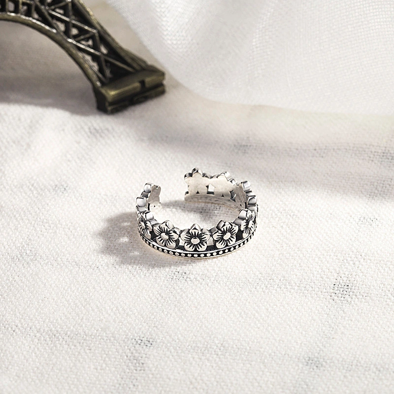 Sterling Silver Ring Female Fashion Personality Retro Hollow Rose Crown