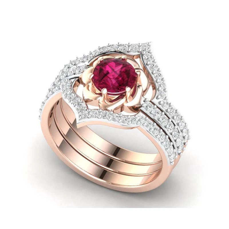 Hecheng Wish New European And American Fashion Ladies Ring Rose Gold Ruby Flower With Diamond Ring