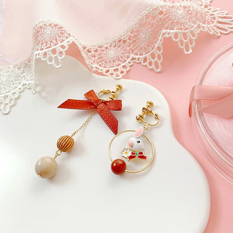 Korea Cute Rabbit Earrings Bow Asymmetrical Retro Silver Needle Earrings Without Pierced Screw Ear Clip Female Earrings