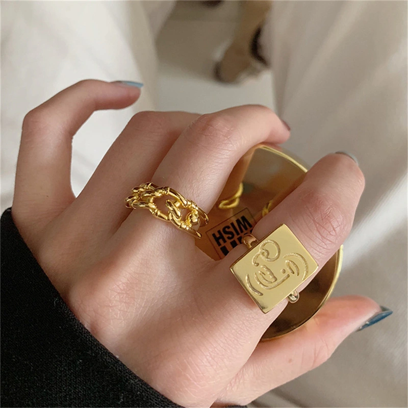 3pcsset Gold Color Square Smile Face Thick Chain Ring