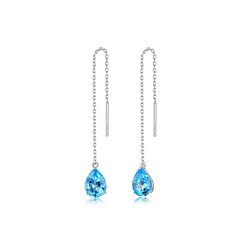 Jewelry Set Water Drop Sapphire Ring Long Tassel Ear Chain Mermaid Tears Necklace Blue Topaz Bracelet
