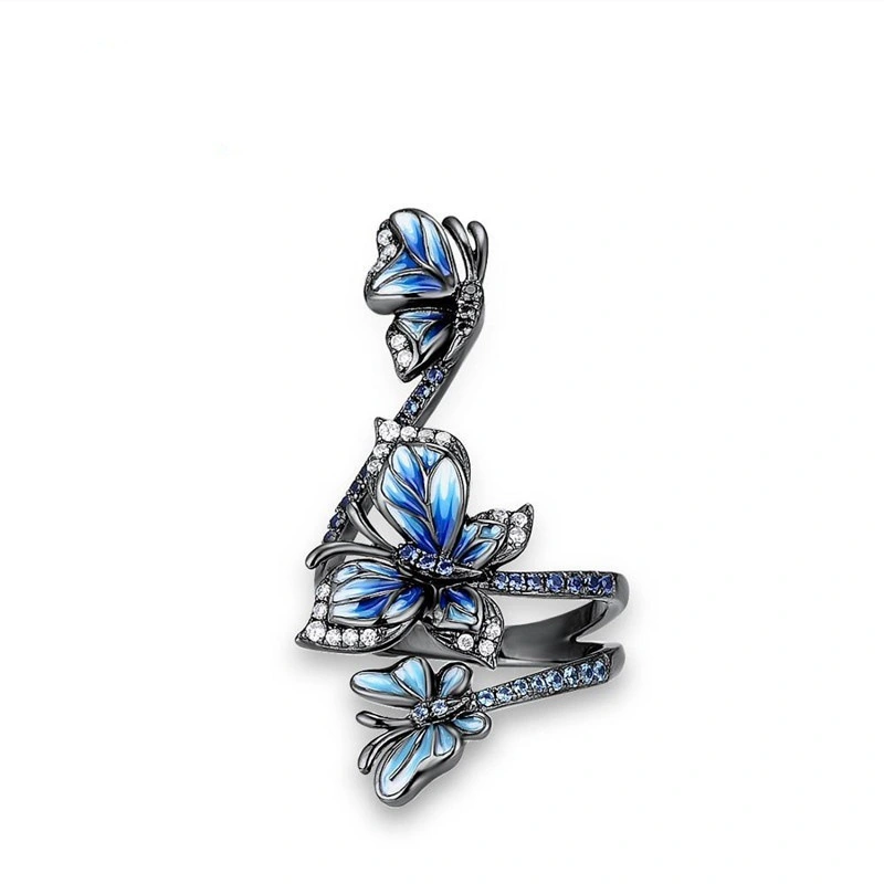 Blue Butterfly Flower Black Gold Drop Oil Ring