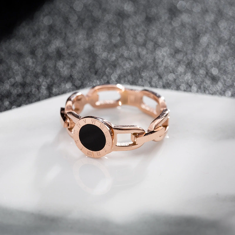 Openwork Roman Numerals Black Round Rose Gold Ring