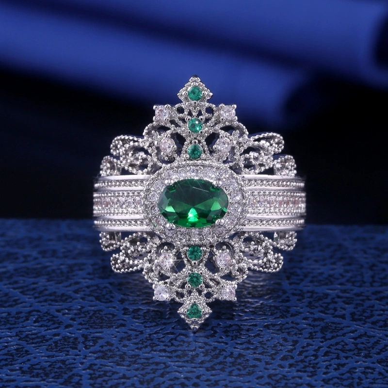 Cross-border Hot-selling Jewelry Silver Palace Style Inlaid Emerald Female Ring