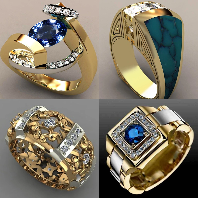  New Blue White Zircon Stone Ring Male Female Yellow