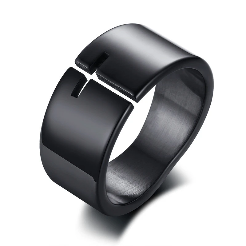 Brand Punk Vintage Cross Men's Ring Stainless Steel 10mm Black Tone Fashion Rocker Ring