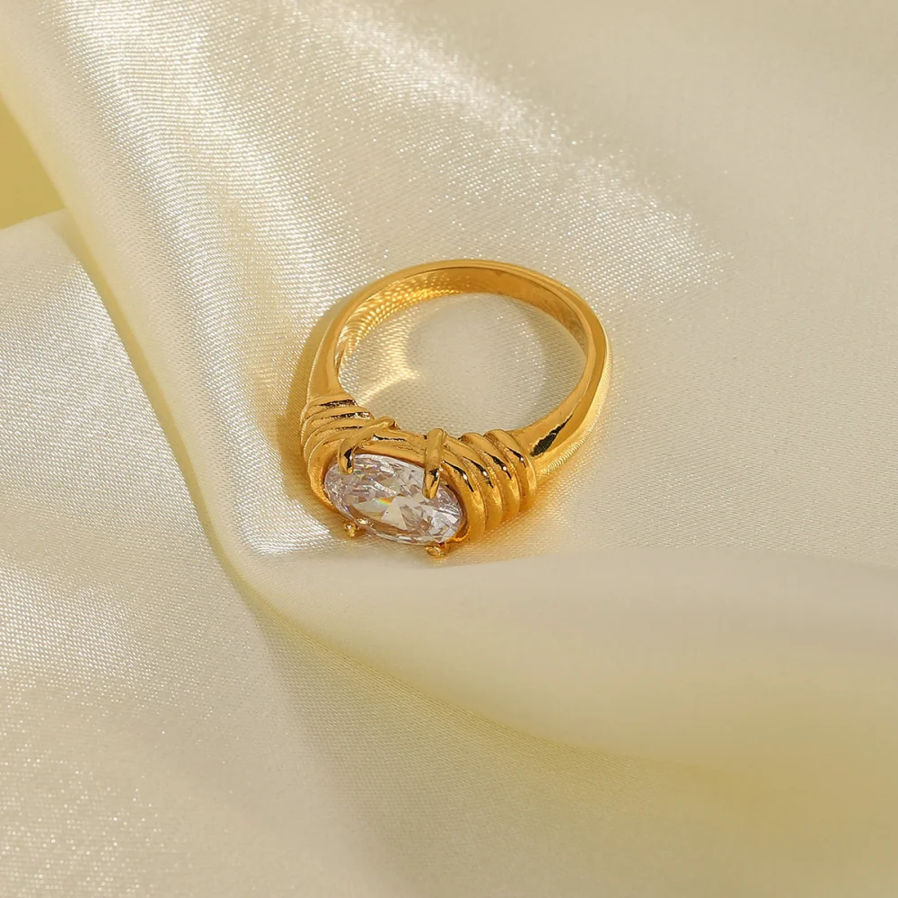 18K Gold-plated 316L Stainless Steel Jewelry Ring Wedding White Zircon Ring